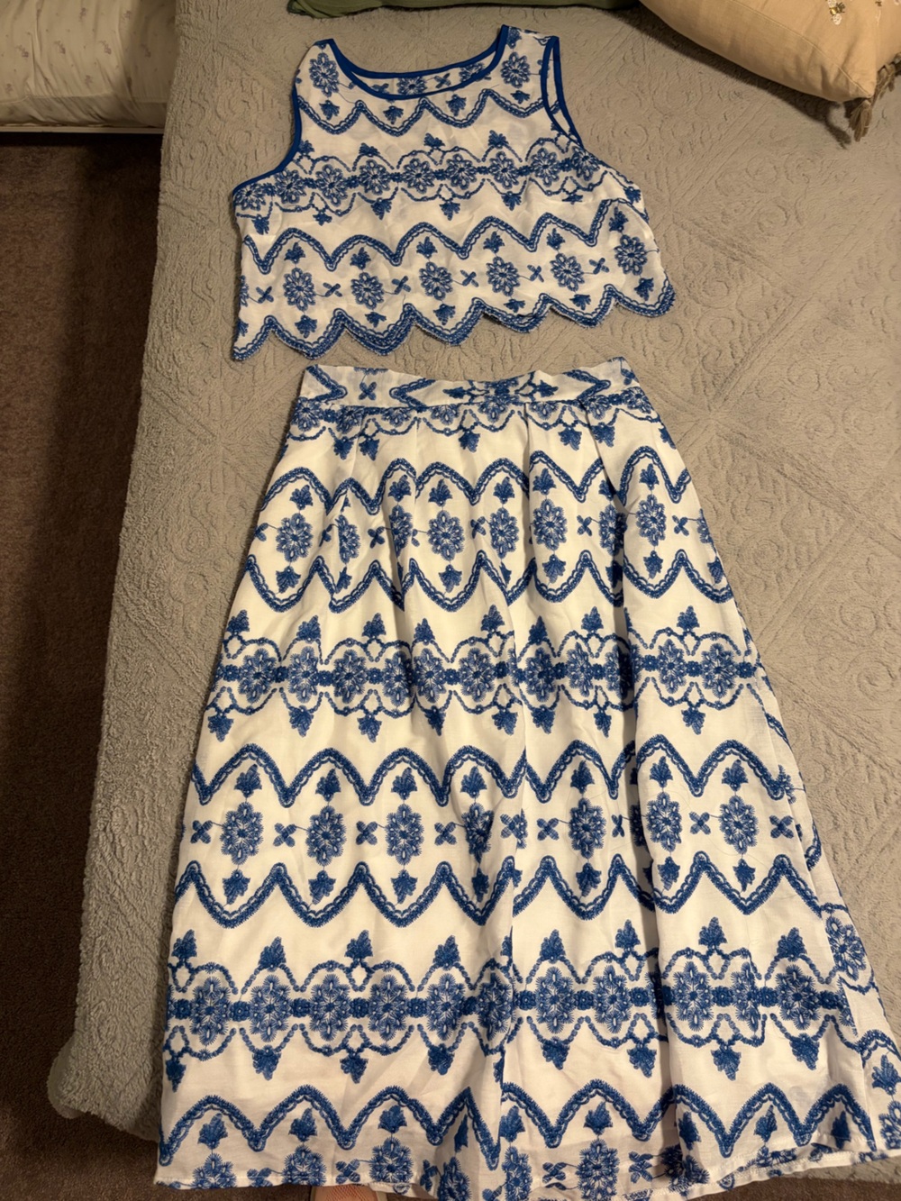 Lulu's White Two-Piece Embroidered Crop Top and Skirt with Royal Blue Trim